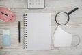 White Tablet With Blank Screen, laptop and accessories and office stuff On Wooden Desk With Stationary Objects , Top View,Travel c Royalty Free Stock Photo