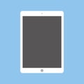 White tablet with camera and grey screen on blue background. Tablet vector icon eps10.