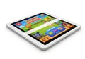 A white tablet computer displaying a colorful cartoon game isolated on white background Royalty Free Stock Photo