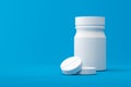 White tablets or painkillers with a pharmacy bottle on a medical background. White pills for alleviating illness or fever. 3D