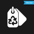 White Tag with recycle symbol icon isolated on black background. Banner, label, tag, logo, sticker for eco green. Vector Royalty Free Stock Photo