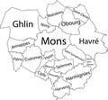 White tagged districts map of MONS, BELGIUM