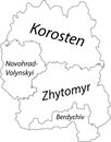 White tagged map of raions of the ZHYTOMYR OBLAST, UKRAINE