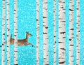 A white tail deer is seen running among paper birch trees during a snowstorm