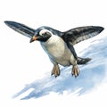 White Tailed Giant Penguin Flying In Watercolor Style