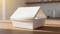 White takeout box featuring simple design on table offering packaging solution providing convenient way to carry food promoting Royalty Free Stock Photo