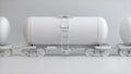 White Tank Wagon on a Railway Track on a Gray Studio Background. Transport Concept.