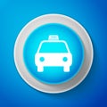 White Taxi car icon isolated on blue background. Circle blue button with white line Royalty Free Stock Photo