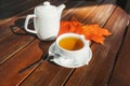 White tea cup with black tea, white teapot on wooden table and autumn maple leaves Royalty Free Stock Photo