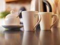 White tea cups. Concept breakfast.