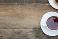 White Tea Cups Orange Alstromeria Red Flower Astromeria over Rustic Wooden Background. Copy space Royalty Free Stock Photo