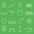 White tea outline icons on green background