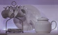 White dining porcelain set with saucers with a jug of flowers, sauceboat, and a salad bowl of unusual shape, on a white background Royalty Free Stock Photo