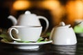 White tea set on the dark wooden table Royalty Free Stock Photo