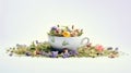 a white teacup filled with an arrangement of flowers and greenery on a white background