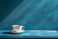 White teacup with tea on a blue table with distinct shadows Royalty Free Stock Photo