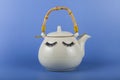 White teapot with eyes on a blue background