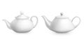 White teapot realistic. Porcelain for morning tea. Hot drink utensil, kitchen ceramic crockery. Restaurant and cafe