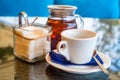 White teaset on tray in restaurant Royalty Free Stock Photo