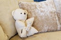 White teddy bear on white couch with light pillow and. Teddy bear playful on white sofa in living room. Royalty Free Stock Photo
