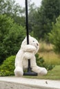 White teddy bear, doing the zip line, in the middle of nature Royalty Free Stock Photo