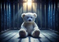 A White Teddy Bear Imprisoned in a Dark Cell A Powerful Visual of Despair and Captivity Royalty Free Stock Photo