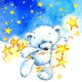 White Teddy bear and night stars background. watercolor Royalty Free Stock Photo