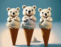 White teddy bears on top of vanilla ice cream cones