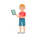 White Teenage Boy With Tablet, Part Of Growing Stages Kids In Different Age Vector Set