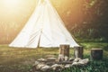 white teepee indian tent standing in beautiful landscape.
