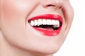 White teeth and red lips. Perfect female smile after whitening teeth. Royalty Free Stock Photo