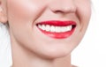 White teeth and red lips. Perfect female smile after whitening teeth. Royalty Free Stock Photo