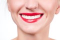 White teeth and red lips. Perfect female smile after whitening teeth. Royalty Free Stock Photo