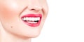 White teeth and red lips. Perfect female smile after whitening teeth. Royalty Free Stock Photo