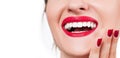 White teeth and red lips. Perfect female smile after whitening teeth. Royalty Free Stock Photo