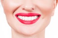 White teeth and red lips. Perfect female smile after whitening teeth. Royalty Free Stock Photo