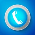 White Telephone handset icon isolated on blue background. Phone sign. Circle blue button with white line. Vector Royalty Free Stock Photo