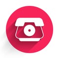 White Telephone handset icon isolated with long shadow background. Phone sign. Red circle button. Vector Royalty Free Stock Photo