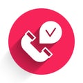 White Telephone handset icon isolated with long shadow background. Phone sign. Red circle button. Vector Royalty Free Stock Photo