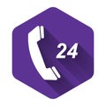White Telephone 24 hours support icon isolated with long shadow. All-day customer support call-center. Purple hexagon Royalty Free Stock Photo