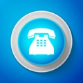 White Telephone icon isolated on blue background. Landline phone. Circle blue button with white line. Vector Royalty Free Stock Photo