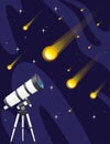 White telescope and falling stars on night sky background flat vector illustration starfall design vertical banner