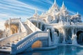 White temple with blue sky background. Wat Rong Khun, Chiang Rai, Thailand, A beautiful architectural castle with large steps on Royalty Free Stock Photo