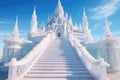 White temple and stairs in the blue pool. 3d render, A beautiful architectural castle with large steps on the stairs surrounded by Royalty Free Stock Photo