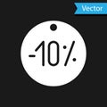 White Ten discount percent tag icon isolated on black background. Shopping tag sign. Special offer sign. Discount Royalty Free Stock Photo