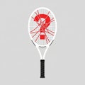 White tennis racket with a black grip, featuring a prominent red question mark painte Royalty Free Stock Photo