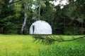 White Tent Geosphere in the Forest Cozy Camping Glamping Vacation Lifestyle Concept Outdoors Cabin Blurred Photo Selective Focus