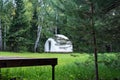 White Tent Geosphere in the Forest Cozy Camping Glamping Vacation Lifestyle Concept Outdoors Cabin Horizontal