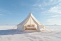 White tent in the salt flat of Salar de Uyuni, Bolivia, light white and wood tent in the white desert, AI Generated