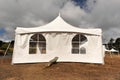 White tents in a dry field outdoors